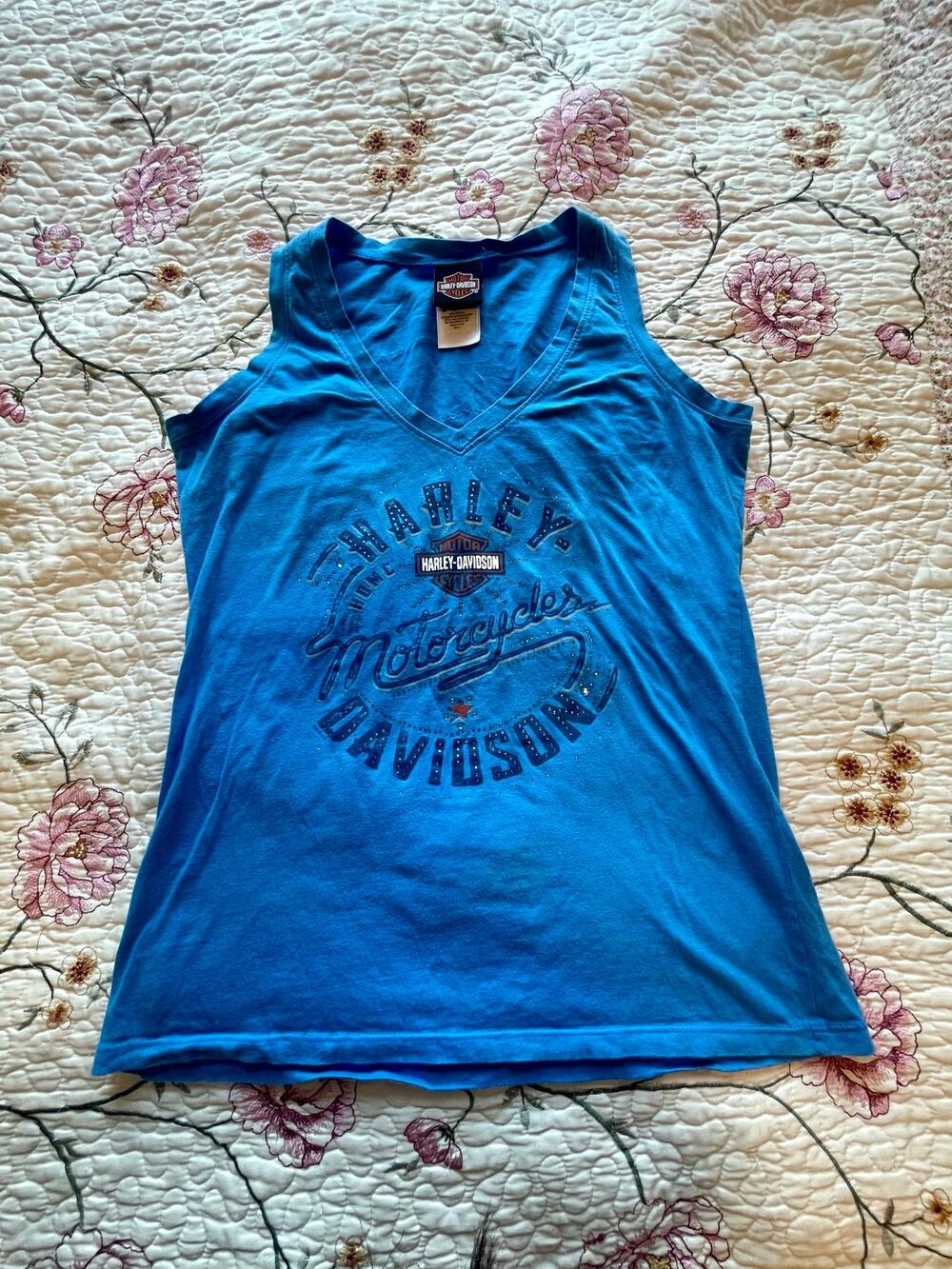 blue harley davidson y2k sleeveless v neck top